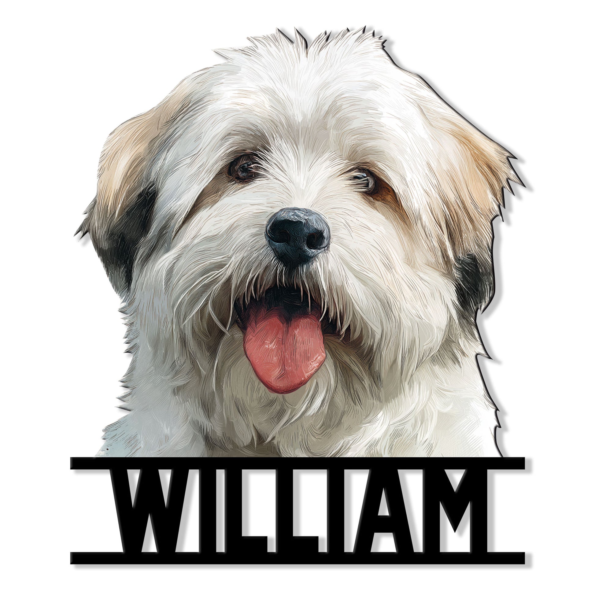 Close-up Lhasa Apso portrait on a cut metal sign with a cheerful expression and bold lower design