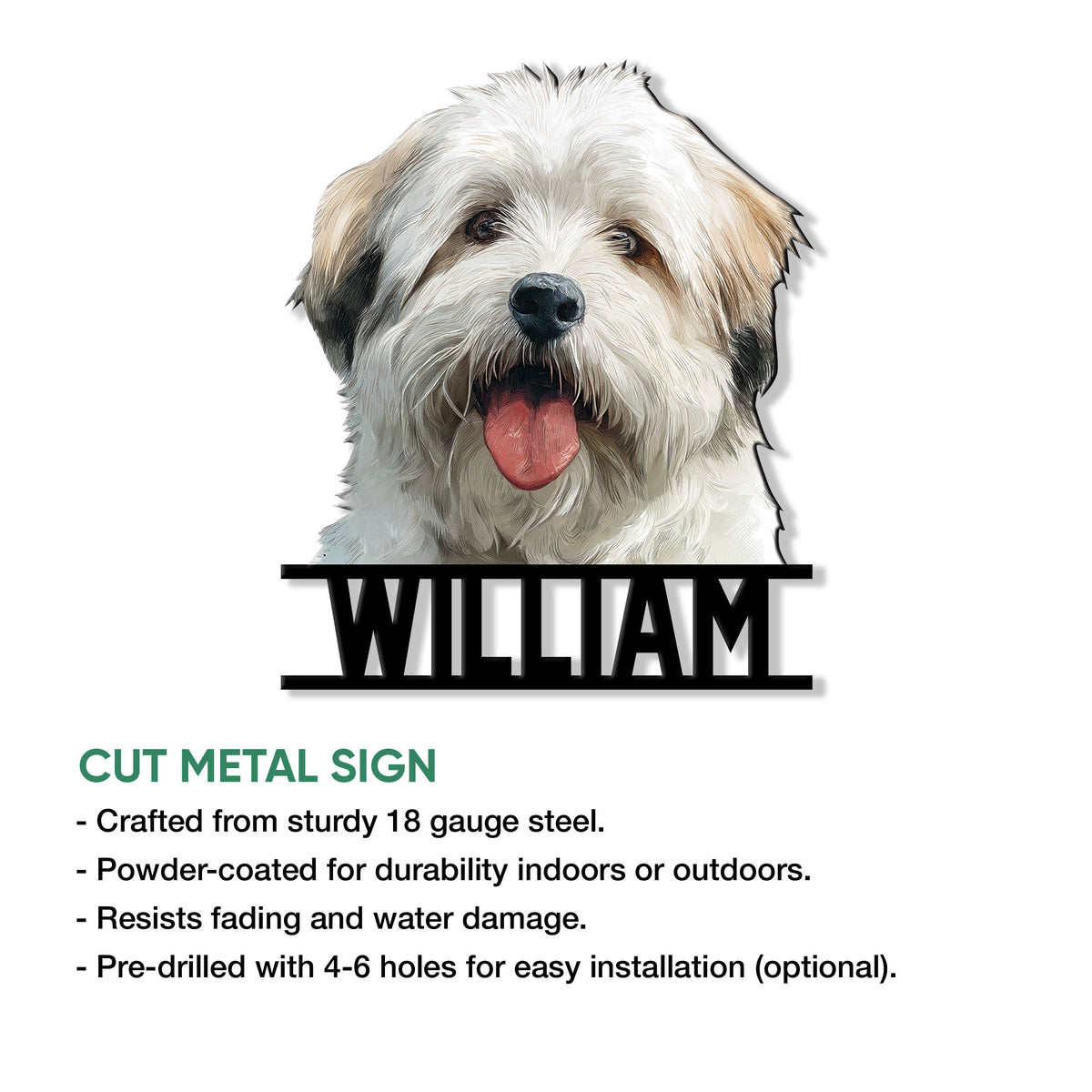 Lhasa Apso metal sign shown with a detailed dog portrait and product feature information