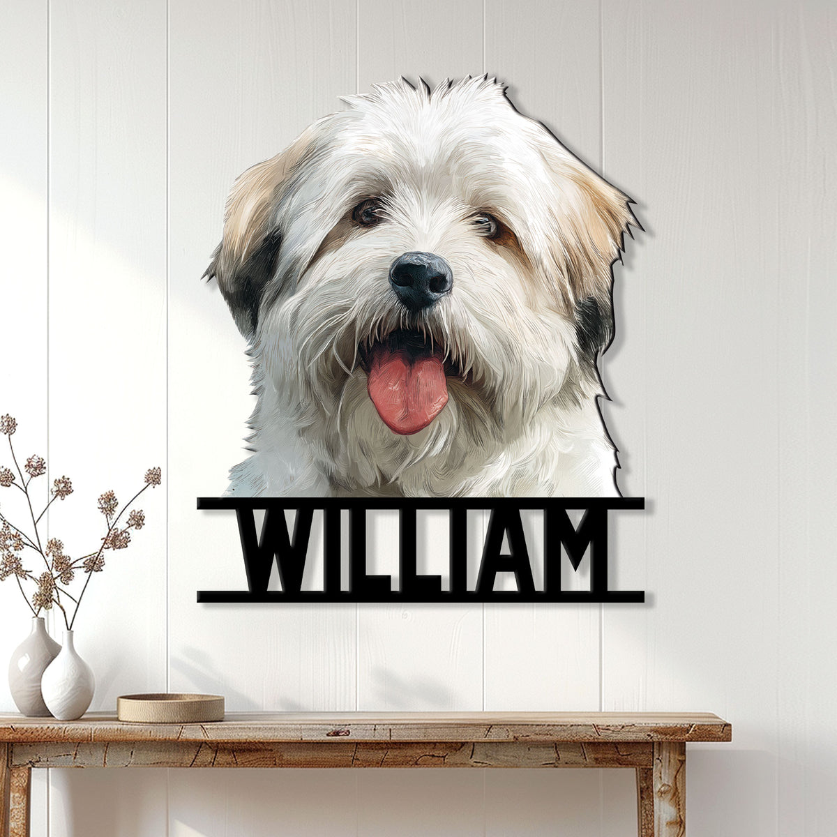 Lhasa Apso wall sign displayed in a bright home entryway above a wooden console table
