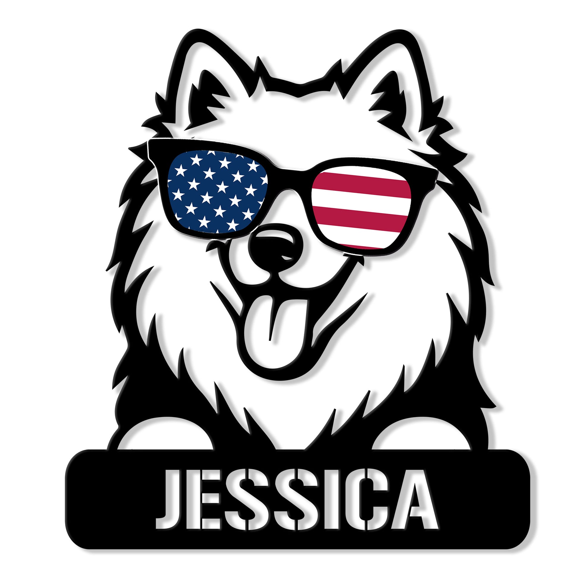 Custom Samoyed metal sign featuring a fluffy dog wearing American flag sunglasses