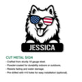 Samoyed metal sign feature graphic showing the patriotic dog artwork and product details