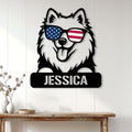 Samoyed wall sign displayed on a light wood-paneled wall above a console table