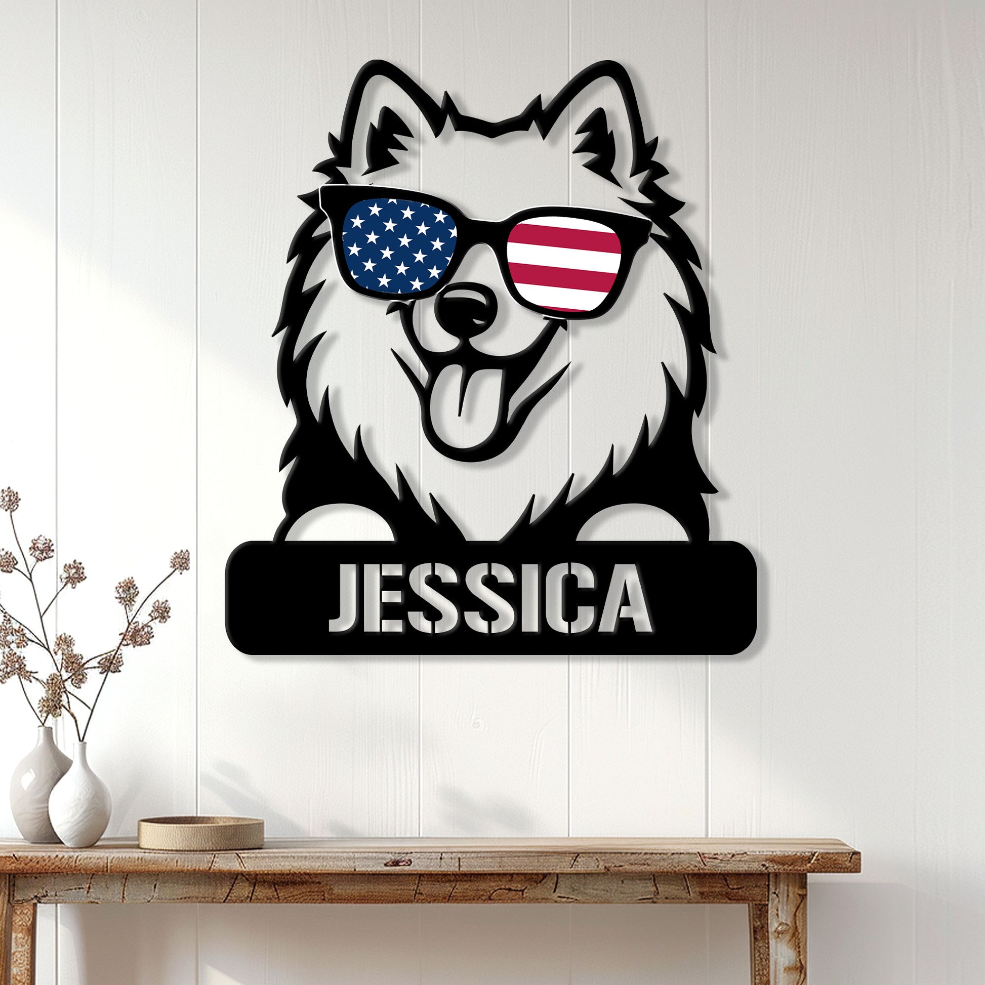 Samoyed wall sign displayed on a light wood-paneled wall above a console table