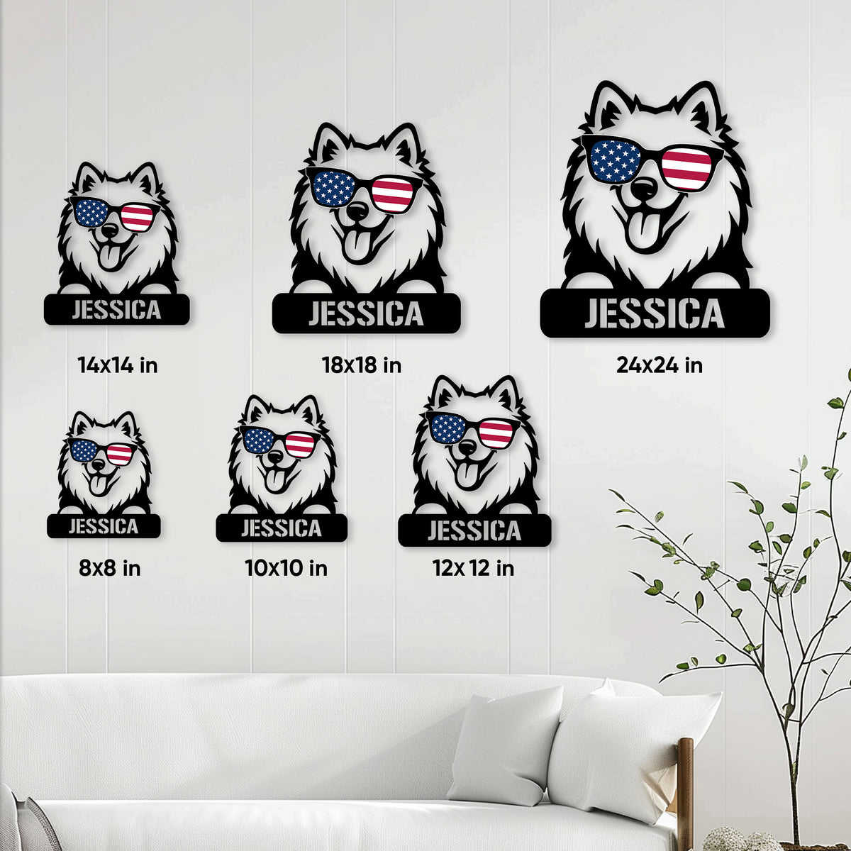 Samoyed metal sign size guide showing six available square size options in a home setting