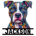 Colorful pitbull portrait metal sign with floral artwork and a bold lower nameplate design