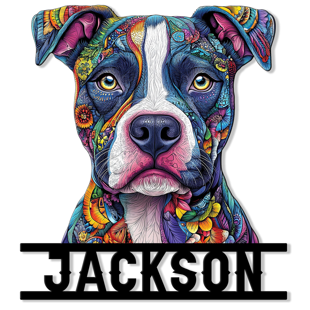 Colorful pitbull portrait metal sign with floral artwork and a bold lower nameplate design