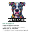 Pitbull metal sign product infographic showing the colorful dog portrait and cut-metal sign features