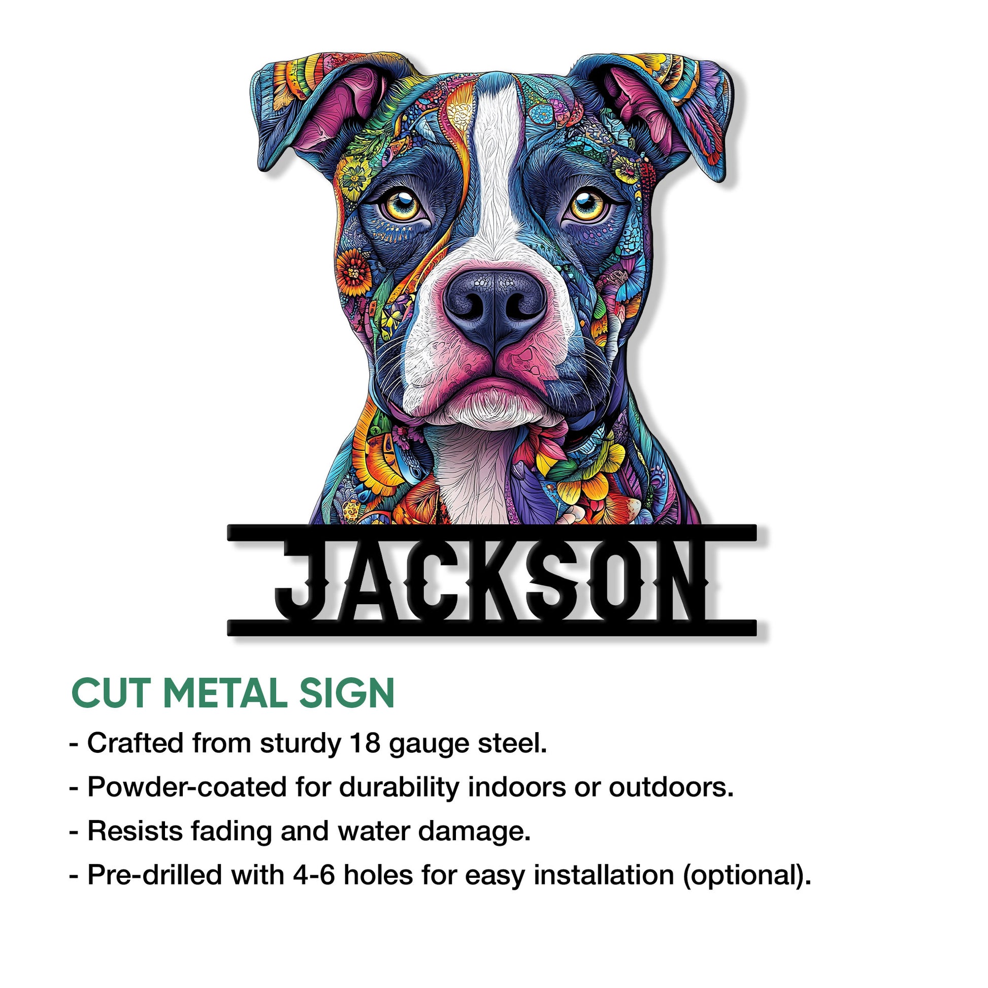 Pitbull metal sign product infographic showing the colorful dog portrait and cut-metal sign features