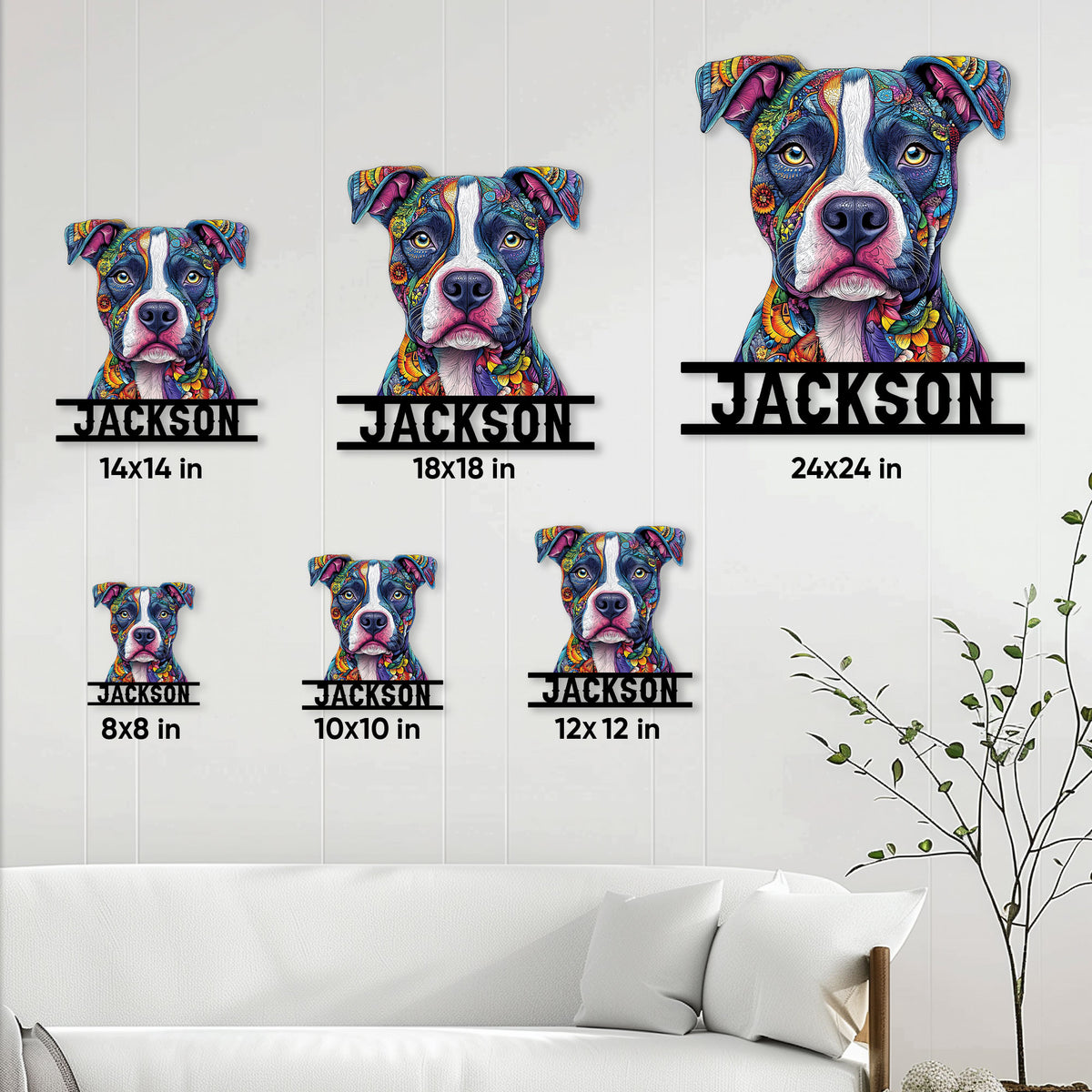 Pitbull metal sign size guide displaying multiple square size options in a living room setting