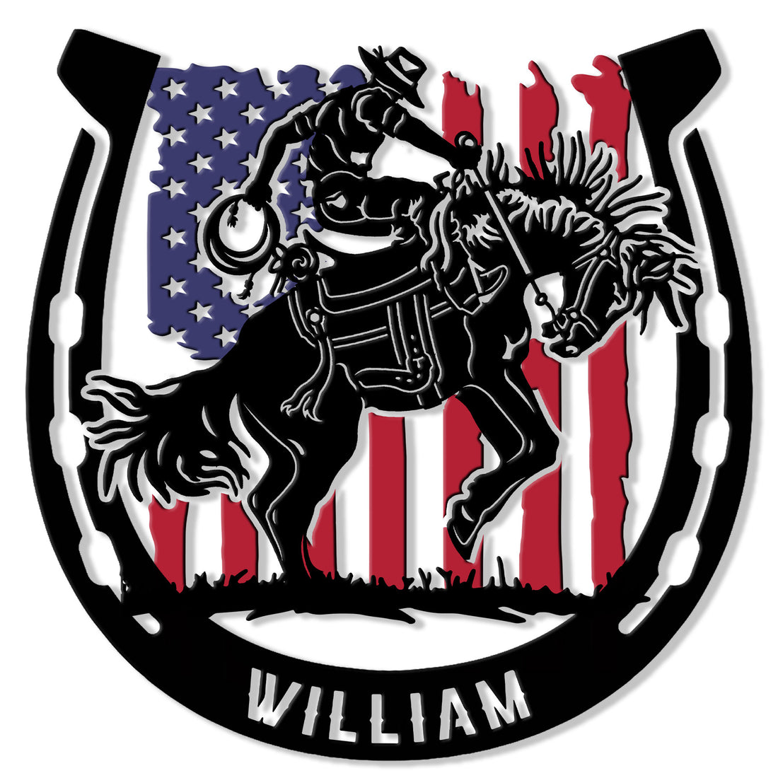 Rodeo metal sign featuring a bull rider in a horseshoe frame with an American flag backdrop