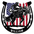 Rodeo metal sign featuring a bull rider in a horseshoe frame with an American flag backdrop