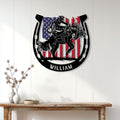 Rodeo metal wall sign displayed above a console table in a bright farmhouse-style entryway