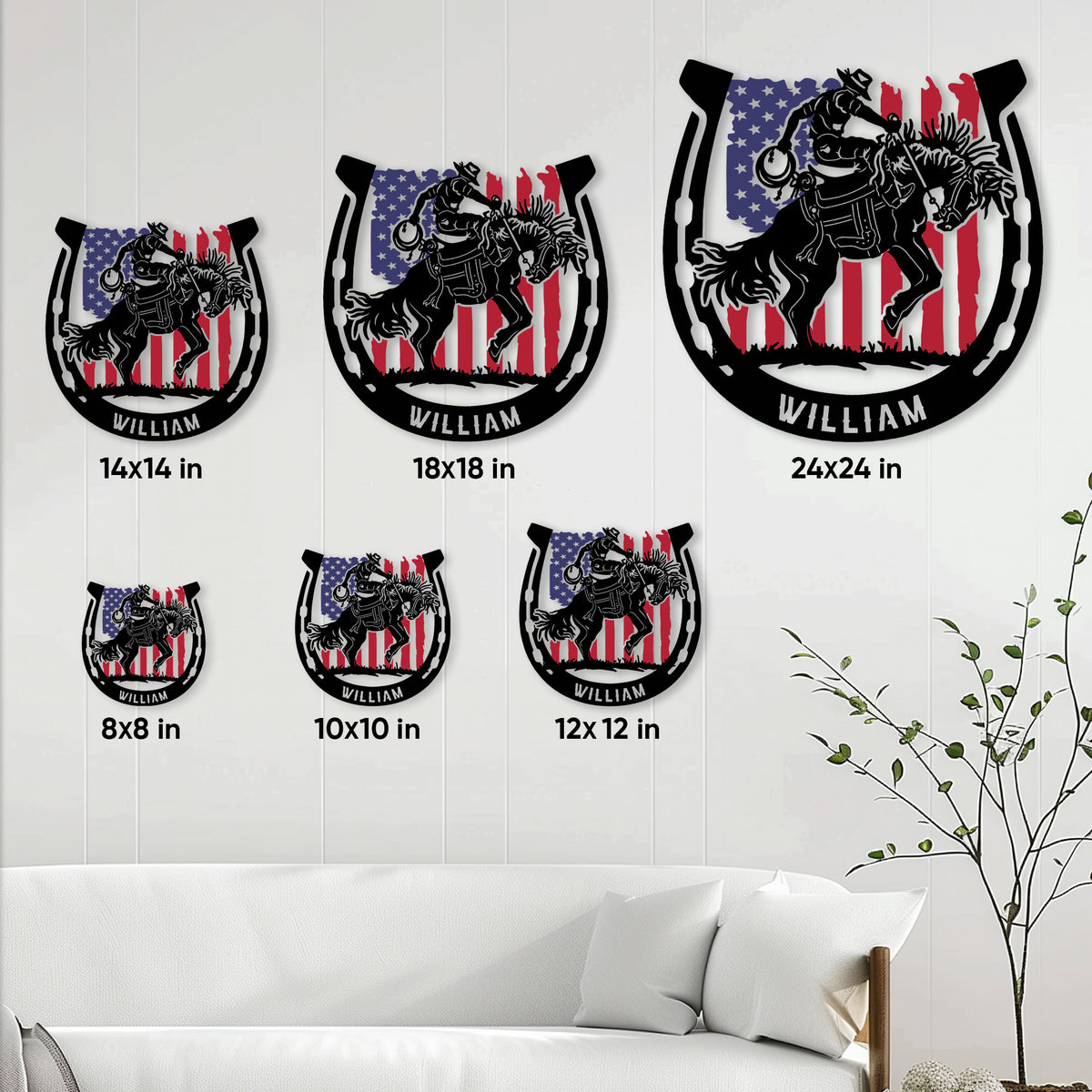 Rodeo bull riding metal sign size guide showing six available square dimensions