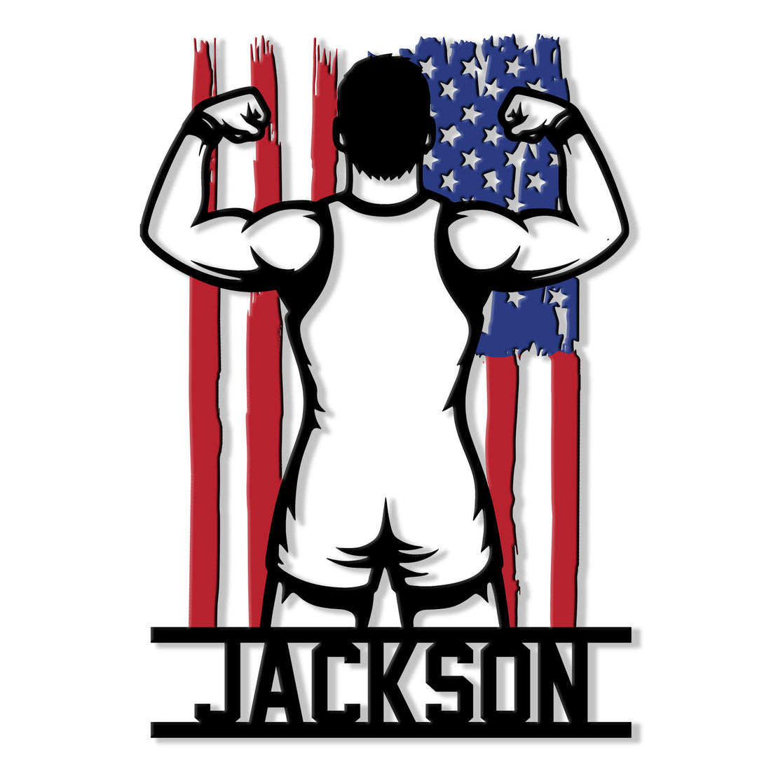 Patriotic wrestling metal sign featuring a flexing athlete silhouetted against an American flag