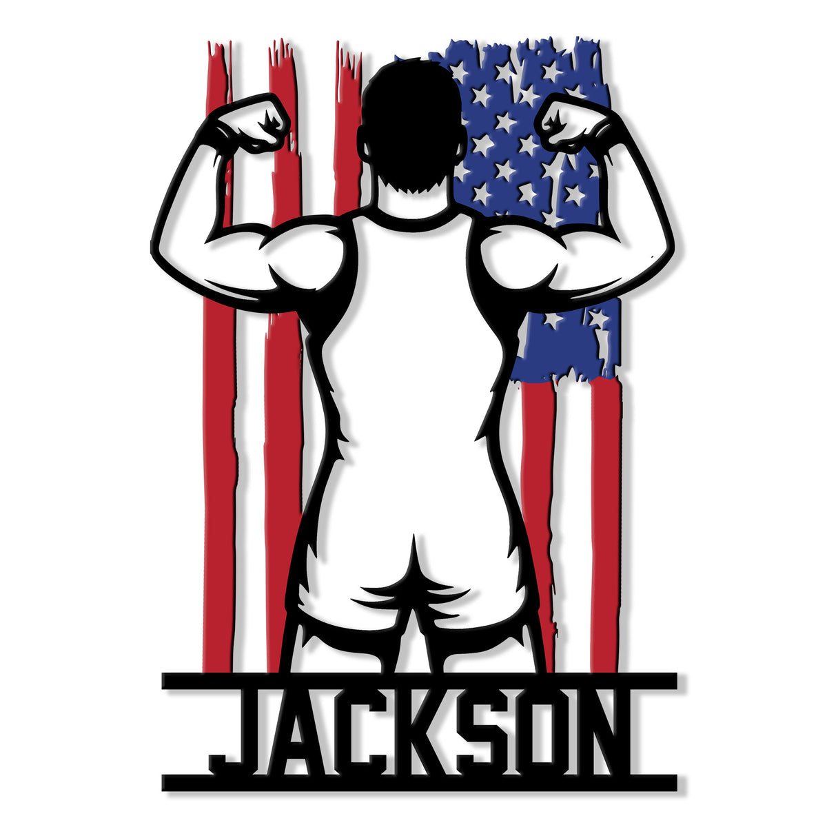 Patriotic wrestling metal sign featuring a flexing athlete silhouetted against an American flag