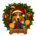 Custom Sheltie metal sign featuring a Santa-hat dog surrounded by holly, gifts, pinecones, and oranges