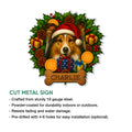 Sheltie Christmas metal sign shown with a cut-metal product feature infographic