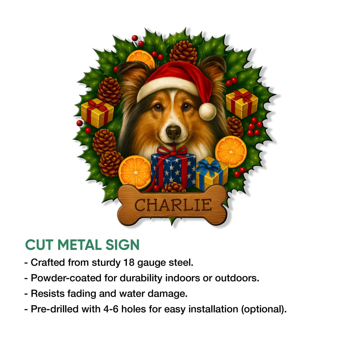 Sheltie Christmas metal sign shown with a cut-metal product feature infographic