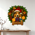 Sheltie holiday metal sign displayed as festive wall decor in a bright home entryway