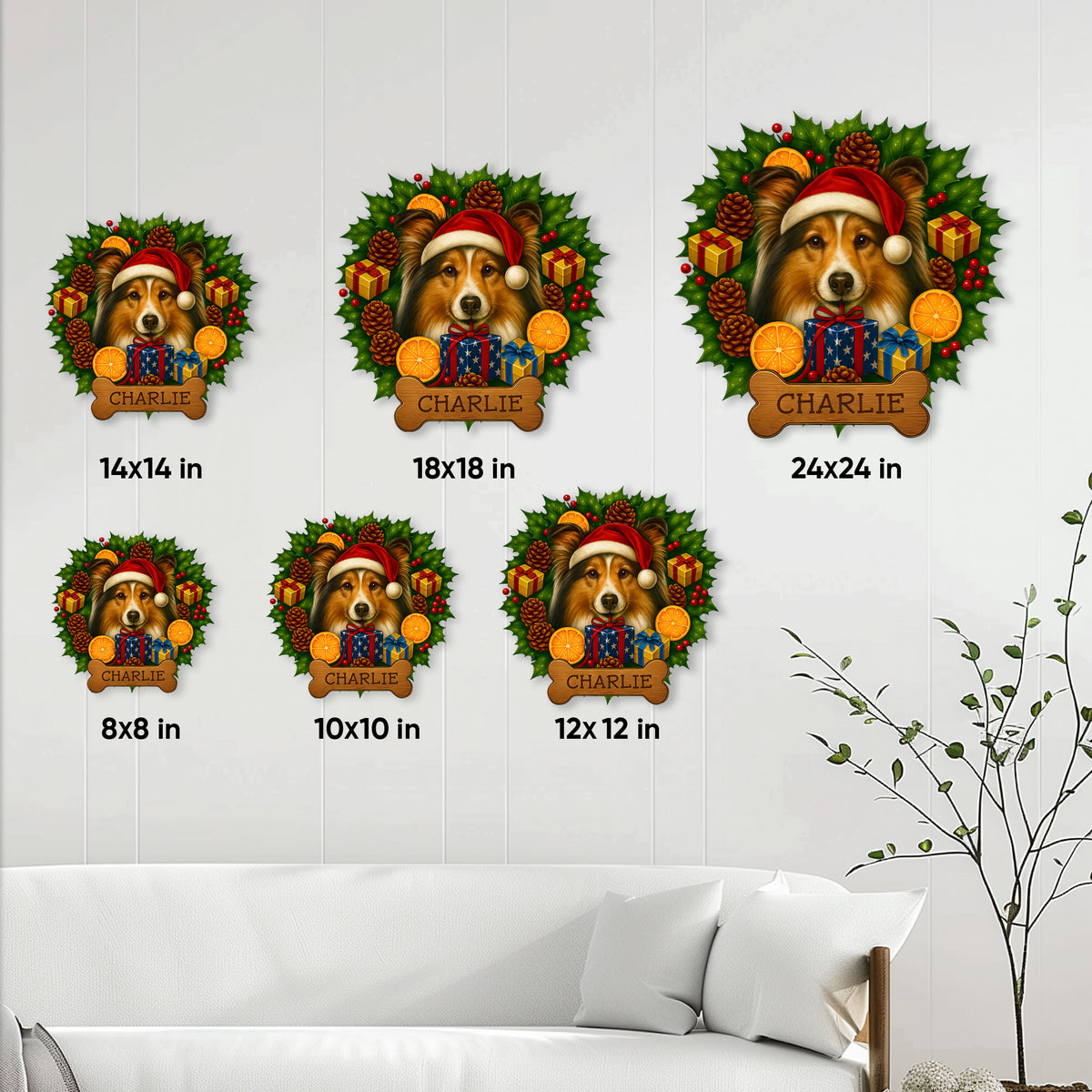 Sheltie Christmas metal sign size guide showing six available square size options