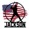 Custom baseball metal sign featuring a batter silhouette, baseball stitching, and a patriotic American flag design