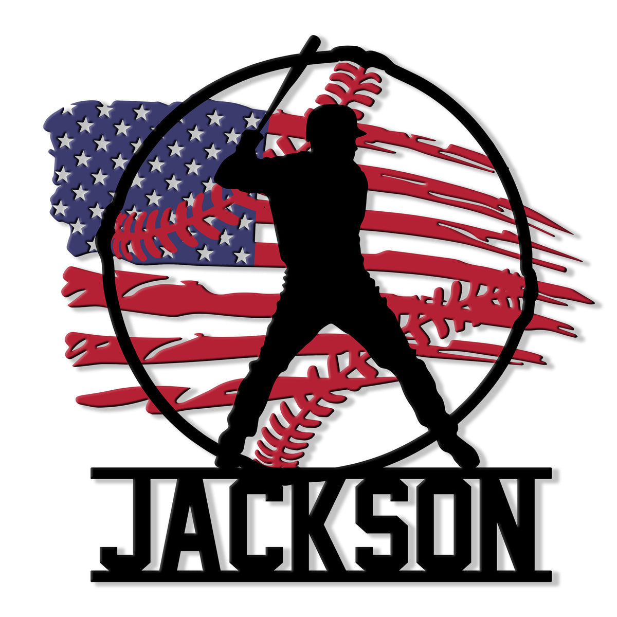 Custom baseball metal sign featuring a batter silhouette, baseball stitching, and a patriotic American flag design