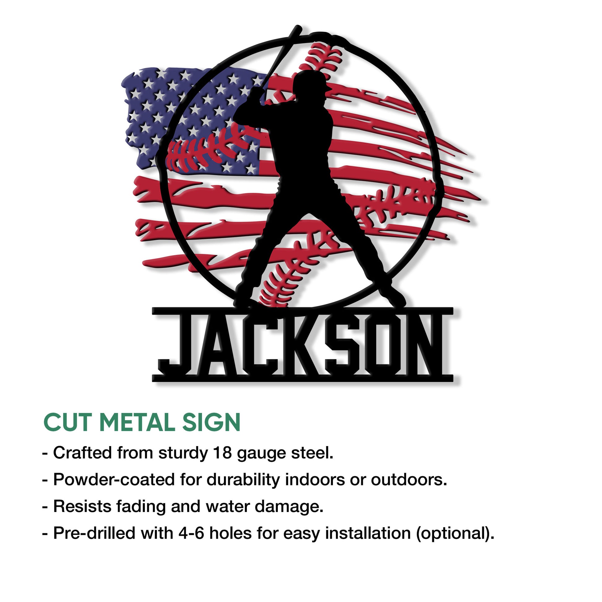 Baseball metal sign feature graphic showing a batter silhouette, patriotic flag artwork, and product details