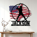 Patriotic baseball metal sign displayed on a white paneled wall above a rustic console table