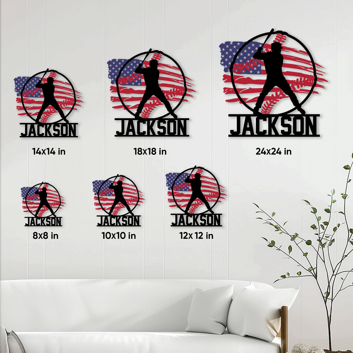 Baseball metal sign size guide showing six square size options from 8 by 8 to 24 by 24 inches