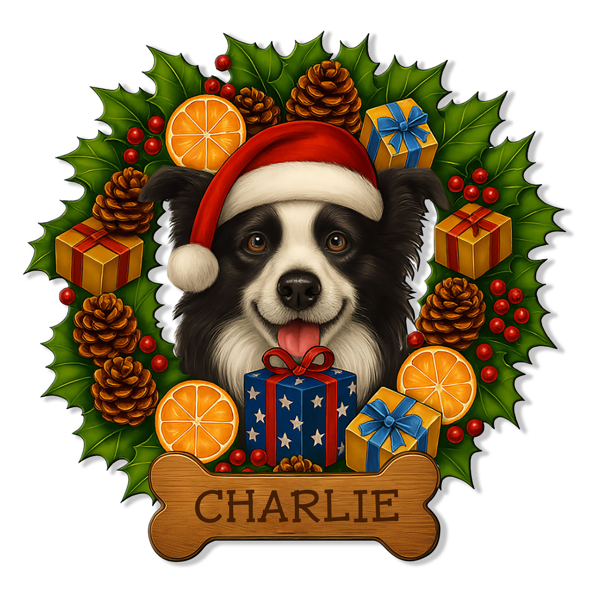 Christmas Border Collie metal sign featuring a Santa hat, gifts, holly, pinecones, and a bone-shaped plaque