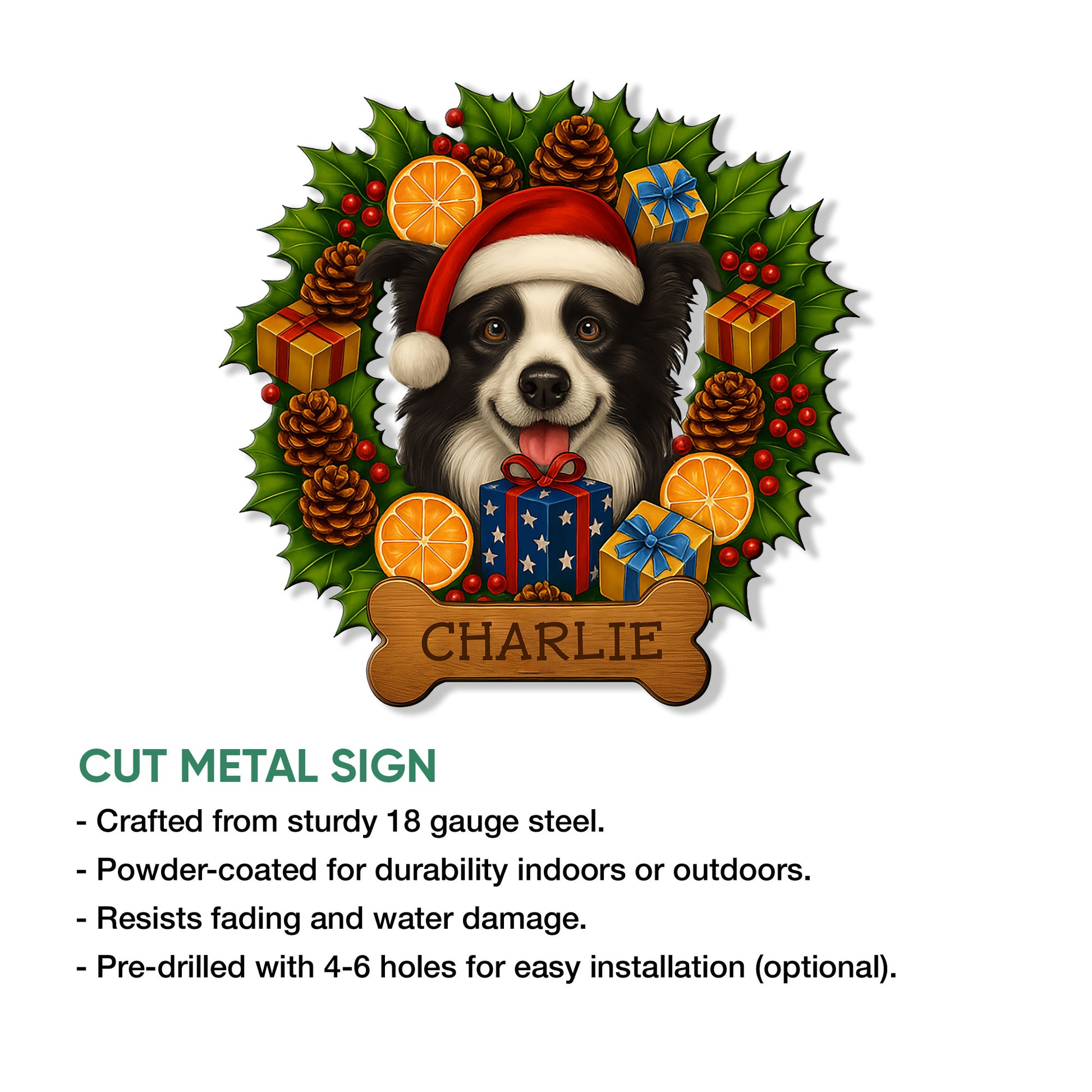 Border Collie Christmas cut metal sign shown with product feature details for indoor or outdoor display