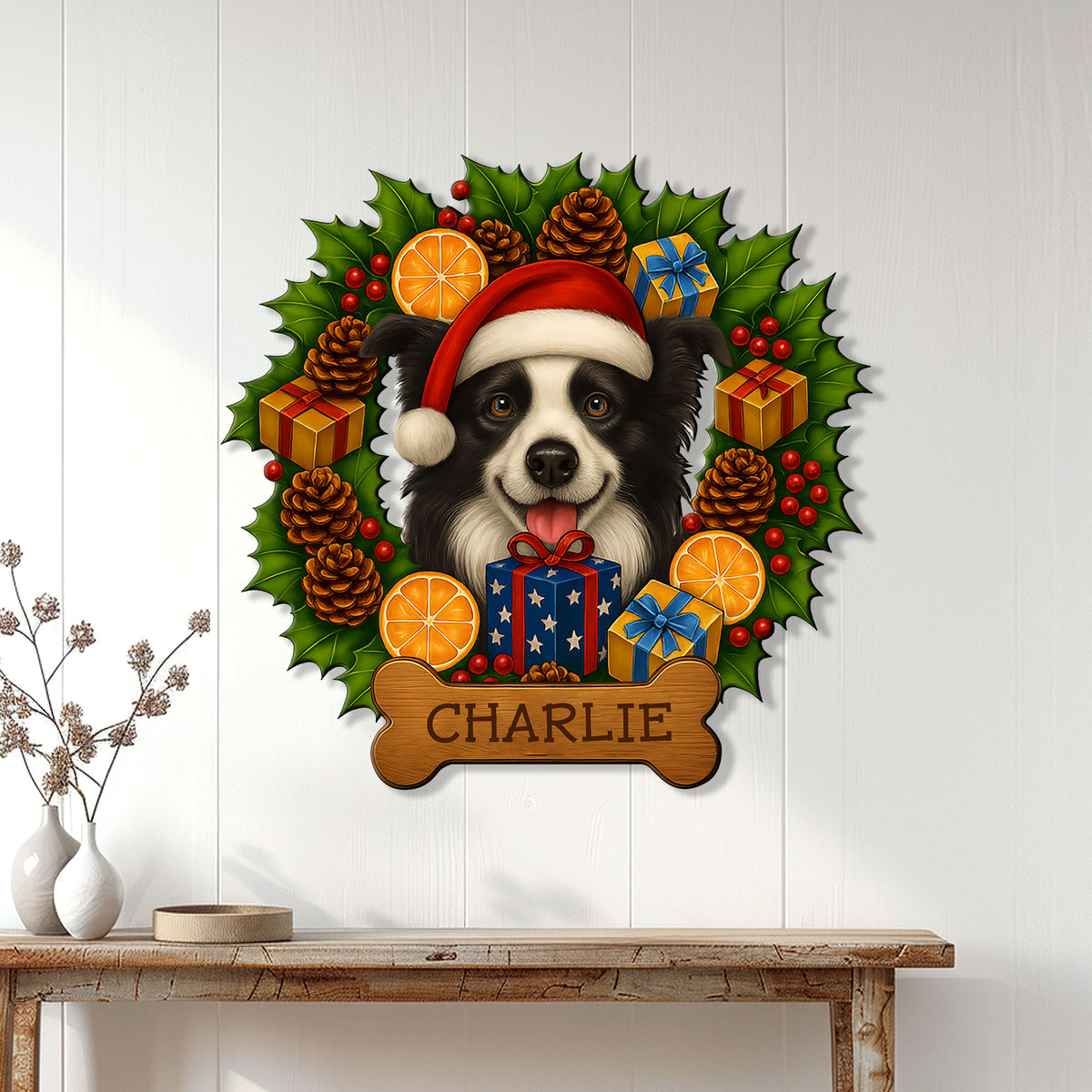 Christmas Border Collie wall sign displayed on white paneling above a console table