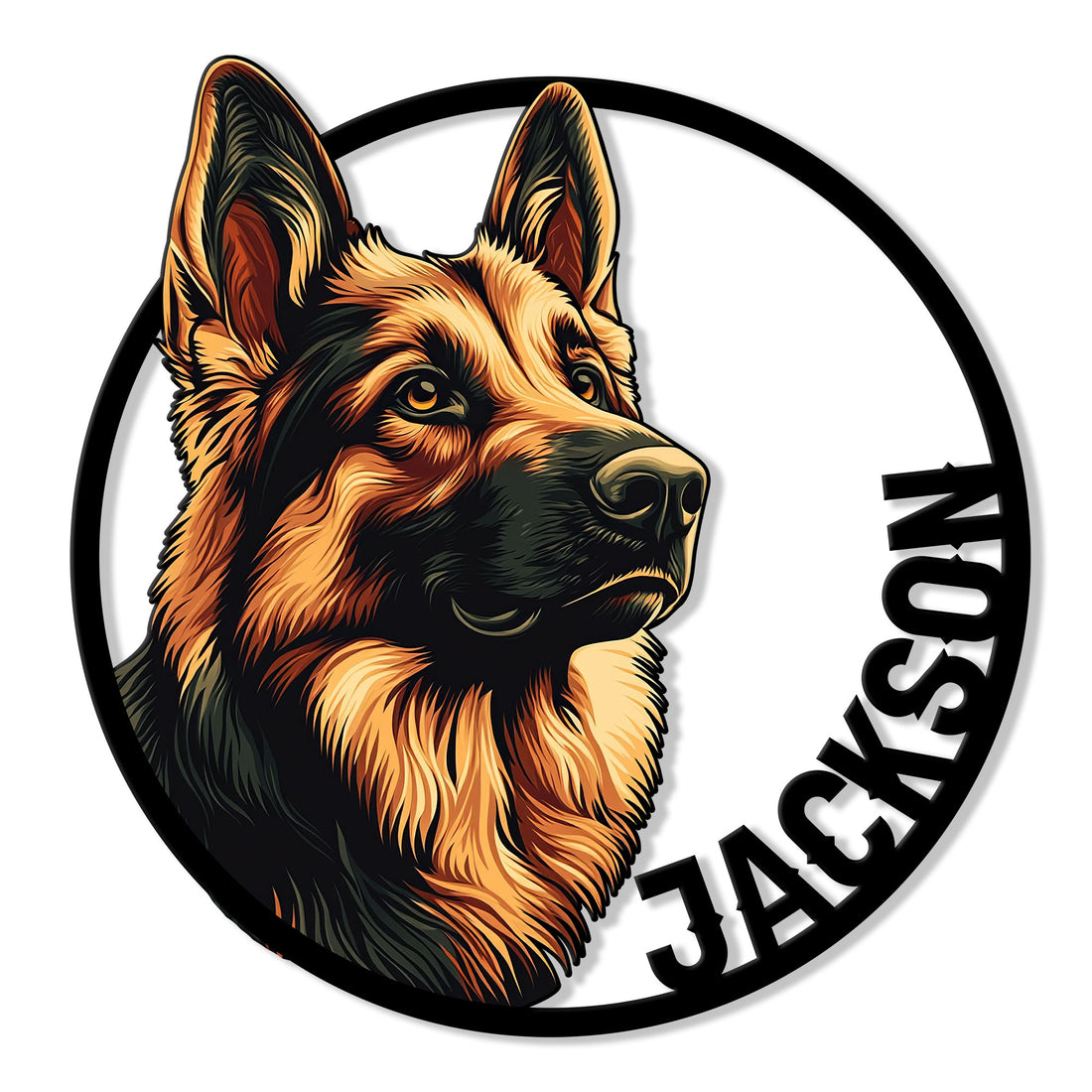 Custom German Shepherd metal sign featuring a detailed portrait in a bold circular frame