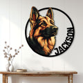 German Shepherd wall sign displayed on a light wood-paneled wall above a console table