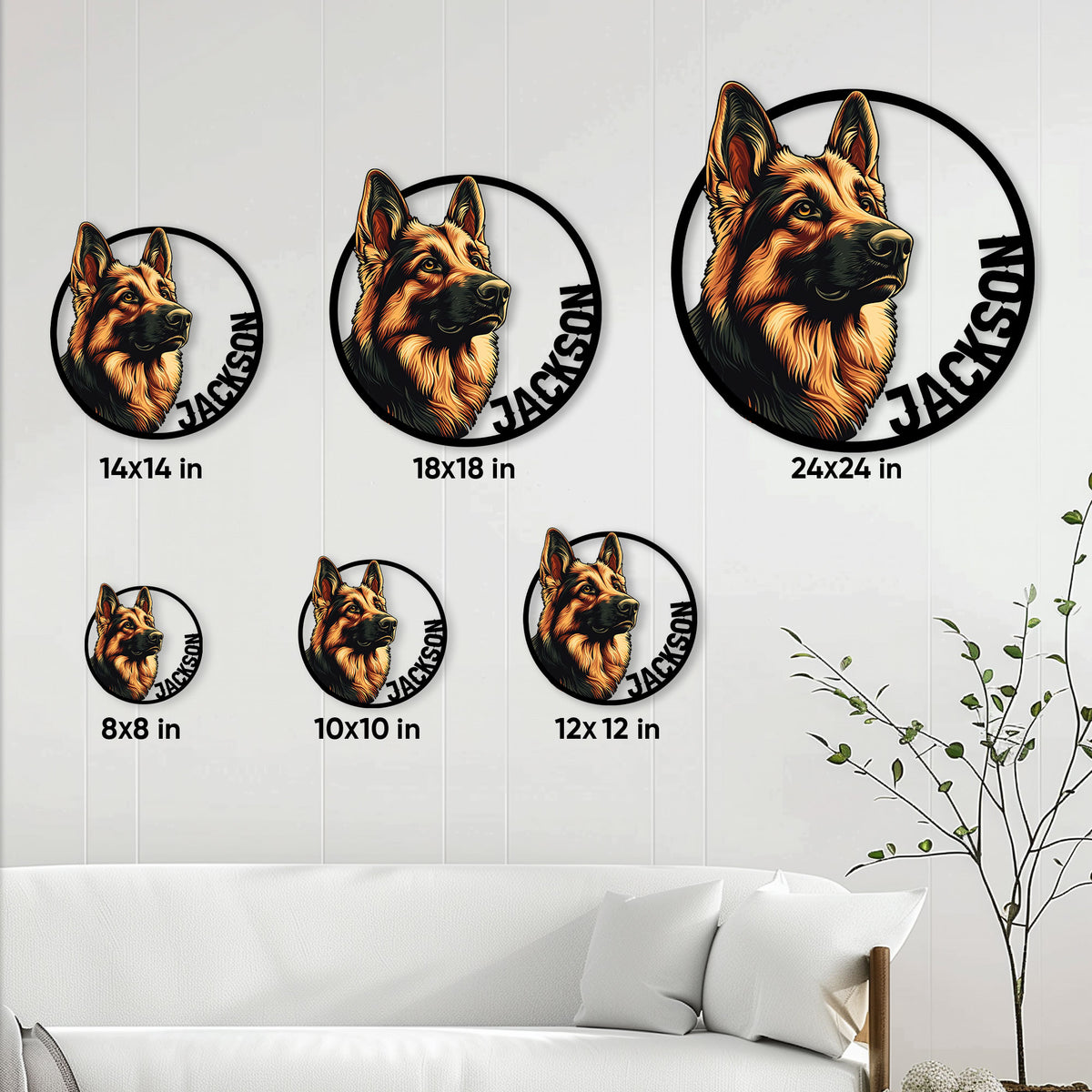 German Shepherd metal sign size guide displaying six circular sign sizes in a living room setting