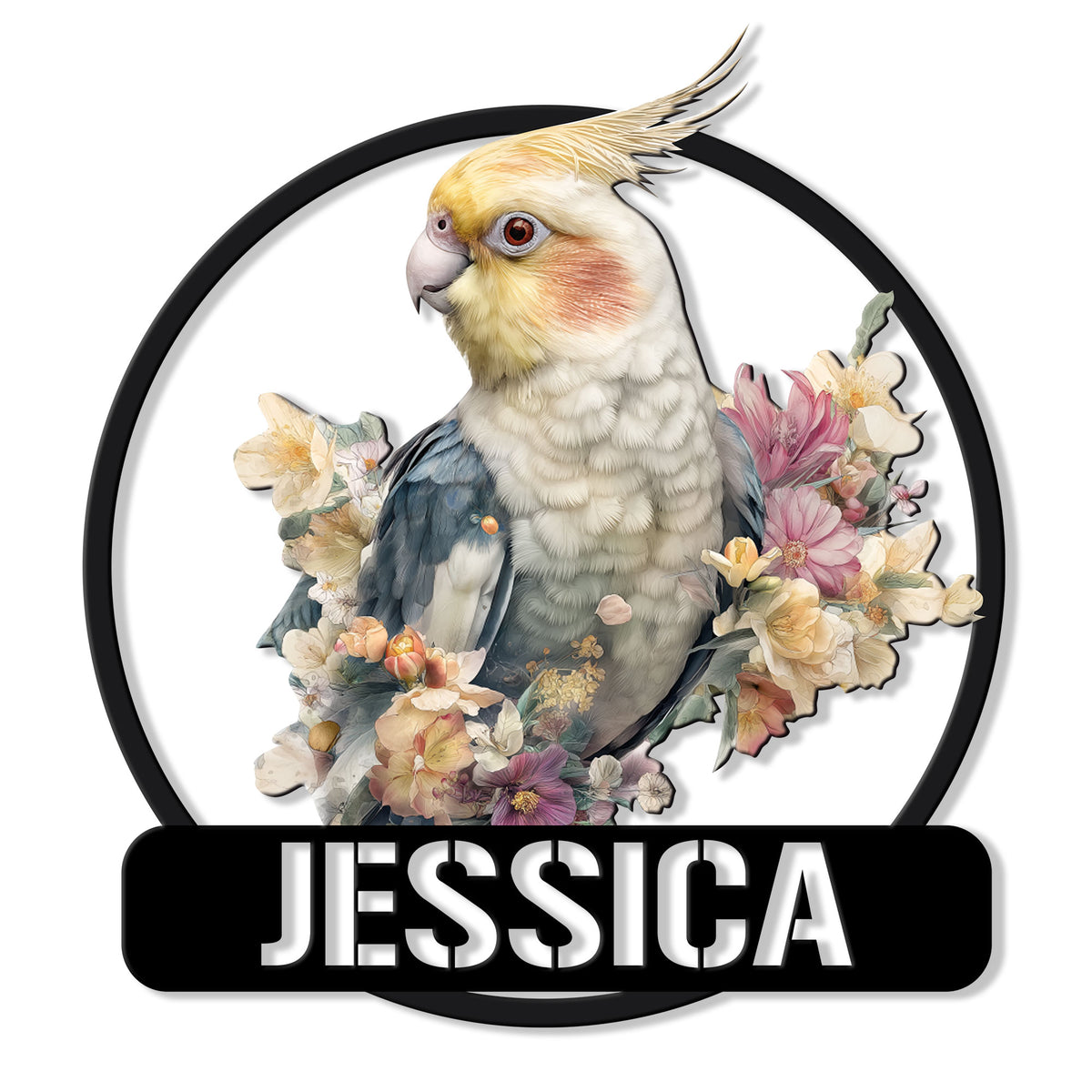 Round cockatiel metal sign featuring a detailed bird portrait surrounded by colorful floral artwork