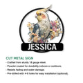 Cockatiel metal wall sign shown with a round floral bird design and product feature information
