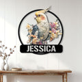 Floral cockatiel metal sign displayed as bird lover wall decor in a bright home entryway
