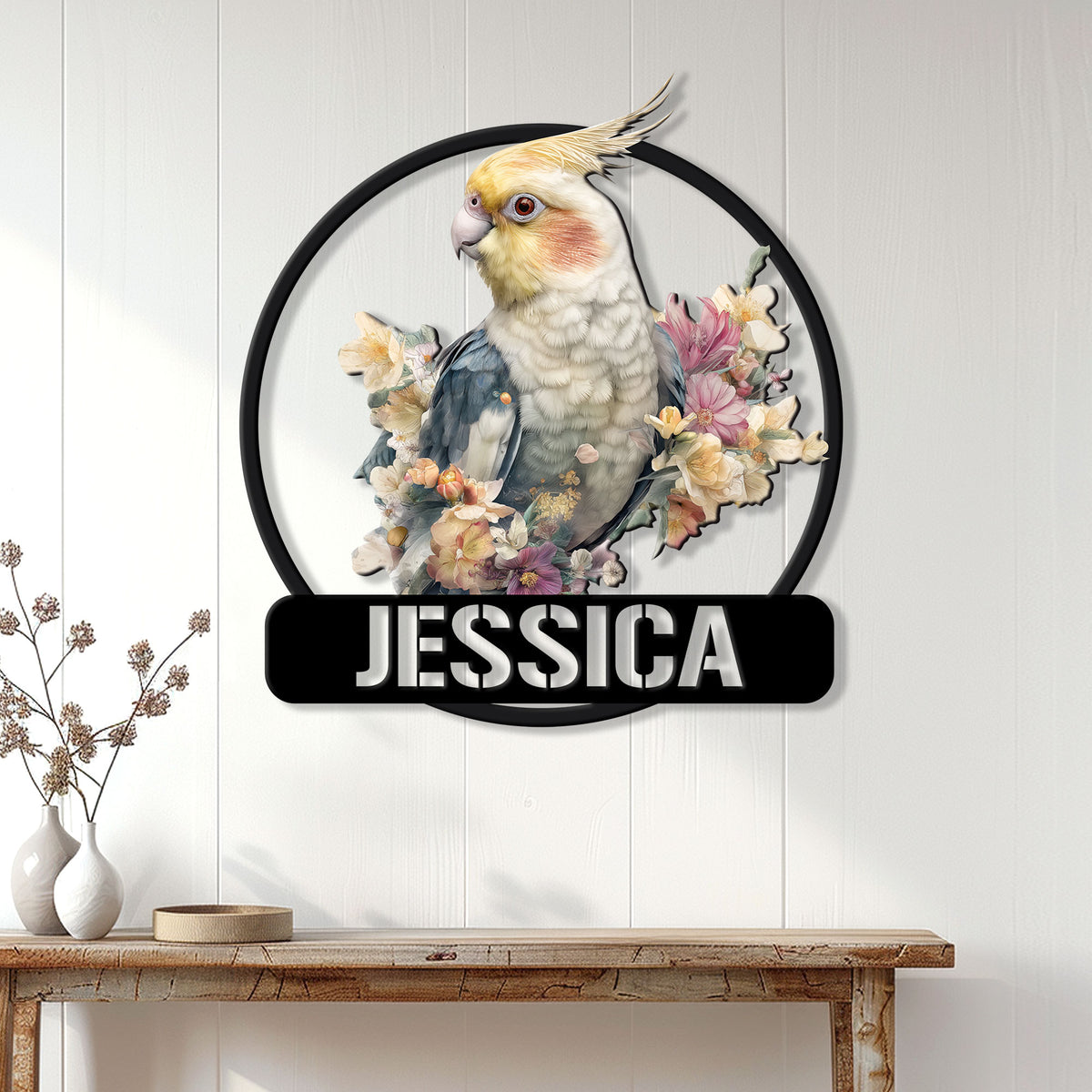 Floral cockatiel metal sign displayed as bird lover wall decor in a bright home entryway