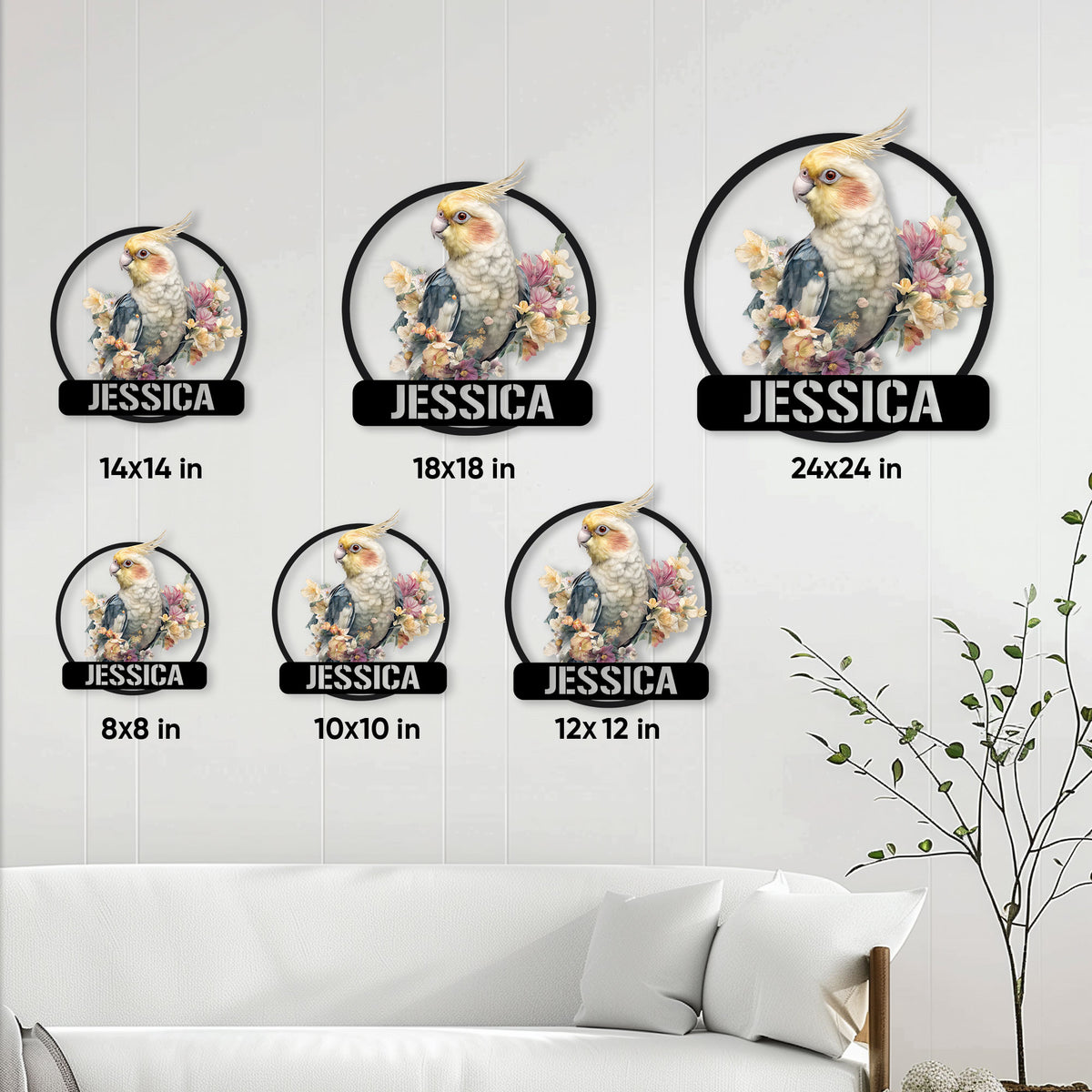 Cockatiel metal sign size guide showing several round sign sizes styled on a living room wall