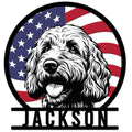 Goldendoodle metal sign featuring a fluffy dog portrait with an American flag background and bold lower nameplate