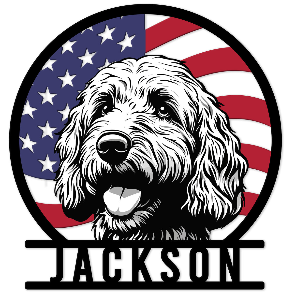 Goldendoodle metal sign featuring a fluffy dog portrait with an American flag background and bold lower nameplate