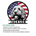 Goldendoodle patriotic metal sign shown in a product feature graphic with an American flag design