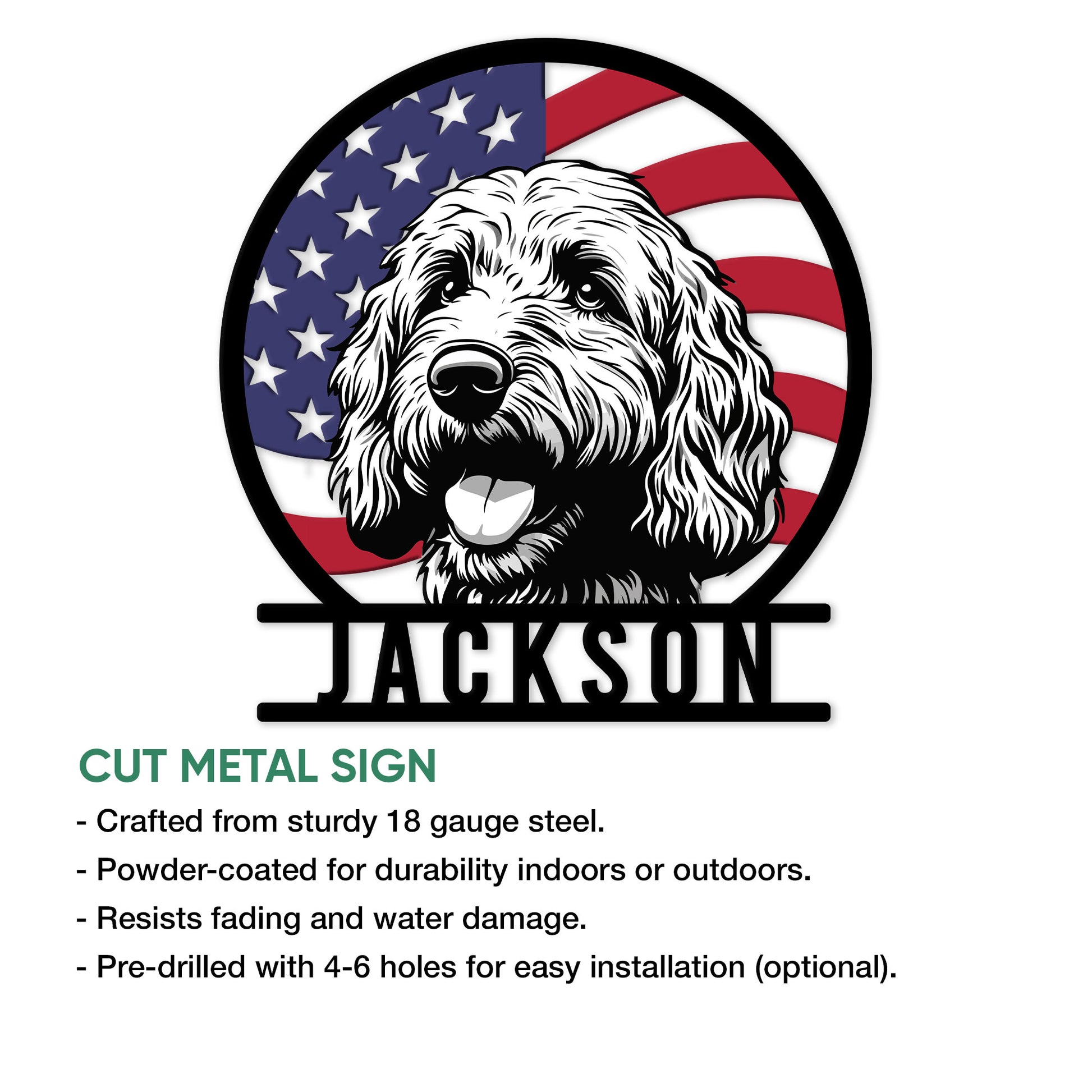 Goldendoodle patriotic metal sign shown in a product feature graphic with an American flag design