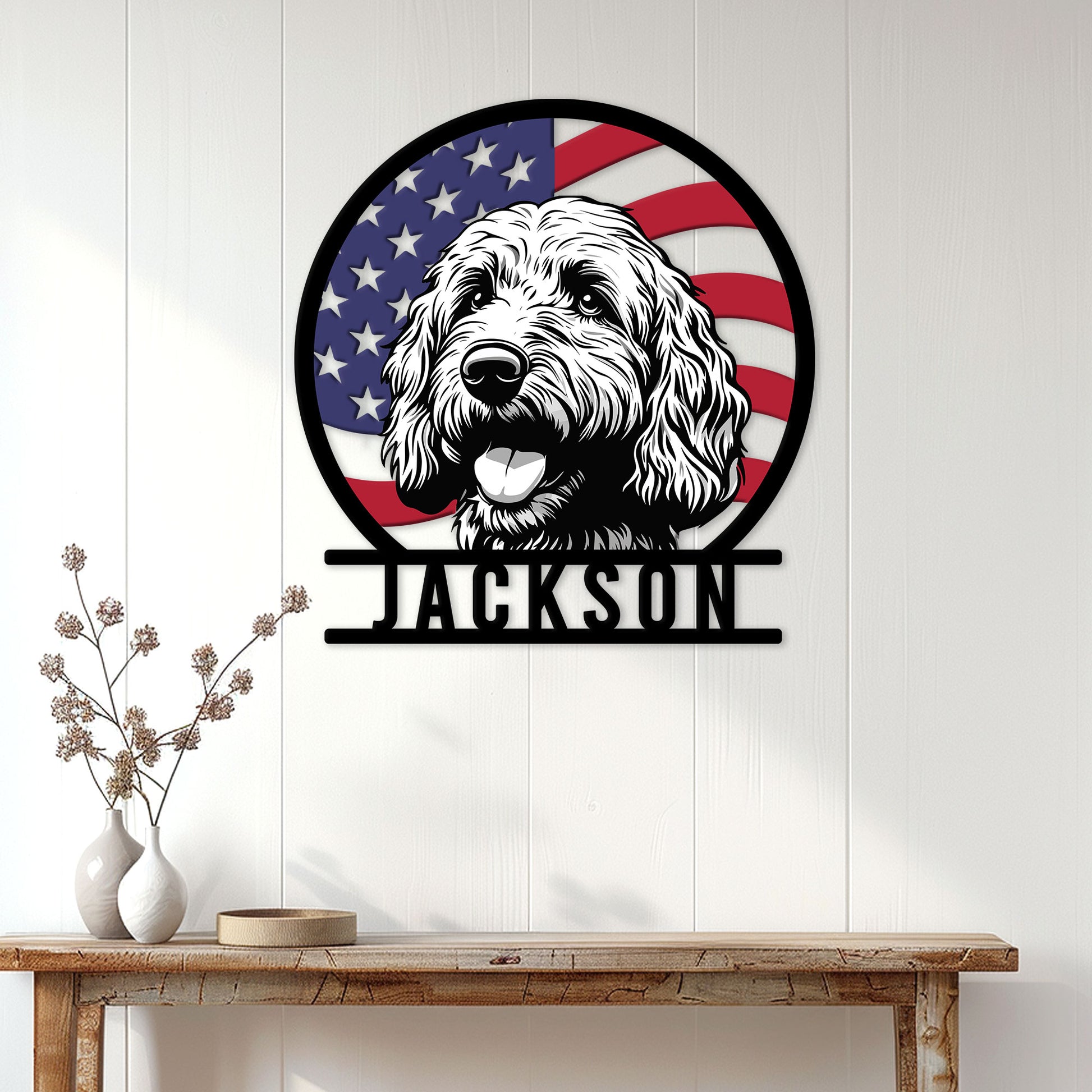 Goldendoodle metal wall sign displayed on a light wood-paneled wall in a home entryway