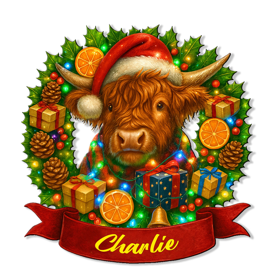 Christmas Highland cow metal sign featuring a Santa hat, holly, lights, gifts, and a red ribbon