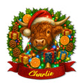 Christmas Highland cow metal sign featuring a Santa hat, holly, lights, gifts, and a red ribbon