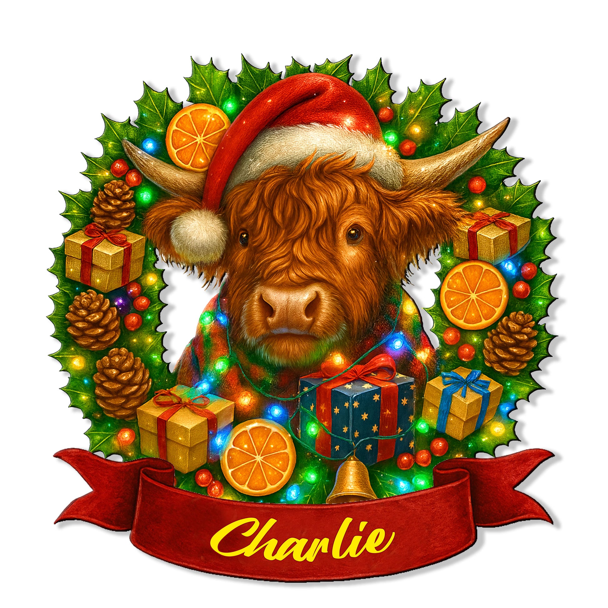 Christmas Highland cow metal sign featuring a Santa hat, holly, lights, gifts, and a red ribbon