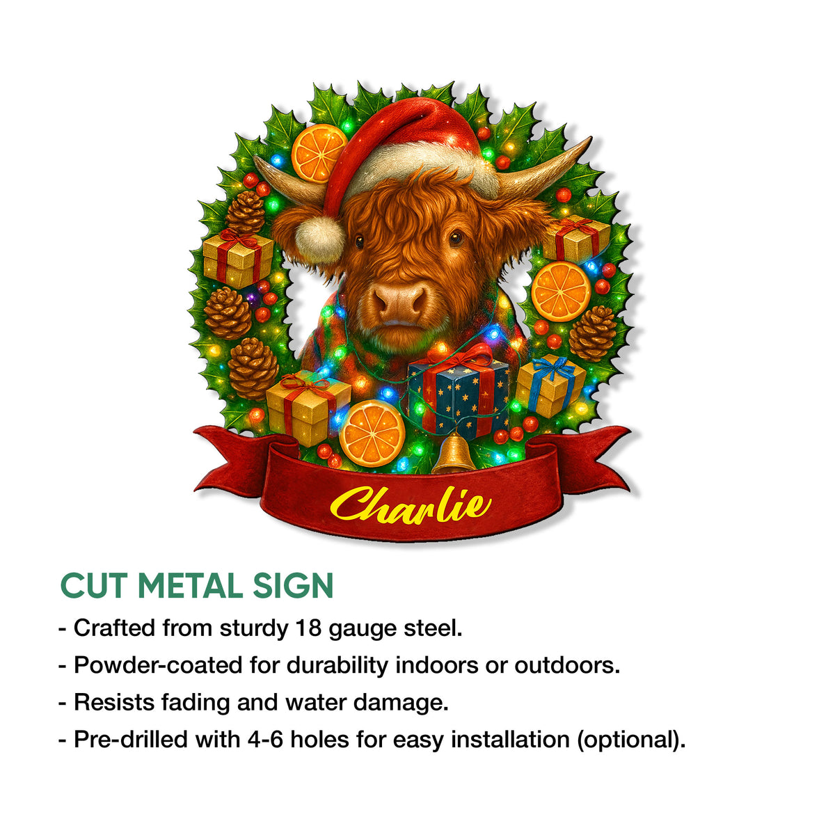 Highland cow Christmas metal sign shown with festive holly, colorful lights, presents, and a decorative ribbon