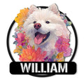 Custom Samoyed metal sign featuring a cheerful white dog portrait surrounded by colorful flowers